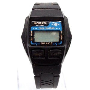 Vintage ASAHI Digital Watch Unisex Black Tone Rubber Band Space M-379 80's